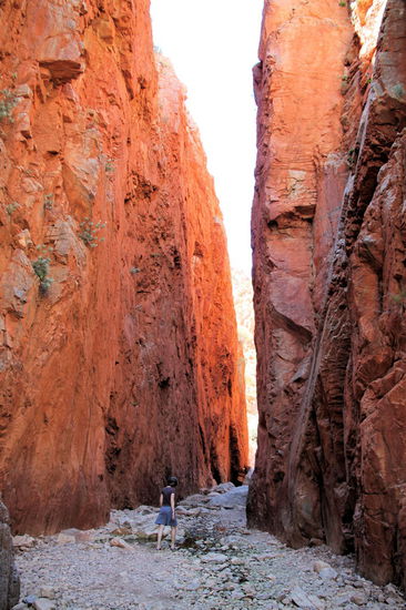 Die Standley Chasm. Wir hatten den optimalen Zeitpunkt für den Besuch der engen Schlucht (wenn die Sonne mittags im Zenit steht) etwas verpasst, aber auch ohne Sonnenstrahlen direkt in der Schlucht war es sehr schön.