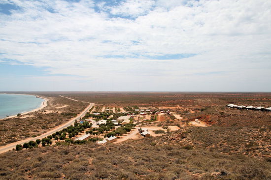 Der Blick vom Leuchtturm auf den Ningaloo Lighthouse Caravan Park. Wie gesagt, die Lage war super, auf halber Strecke von Exmouth zum Cape Range NP und auch sehr nah am Meer. Die Bäume und das gesamte Grün auf dem Campingplatz gibt es natürlich nur dank intensiver Bewässerung mit bore water - trotzdem hängt an jeder Dusche (die auch mit bore water betrieben wird!) ein großer Zettel mit dem Hinweis, man soll Wasser sparen und nur kurz duschen!