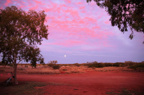 Abends auf dem Campingplatz tauchte der Sonnenuntergang die Landschaft wieder in ein tolles pink-orange. Auch der Mond war bereits aufgegangen. 
(Lizzy) Das Bild habe übrigens ich gemacht!!!
