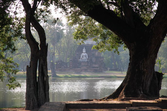 Blick von einer kleinen Tempelinsel auf einen anderen Tempel mit Buddhafigur.