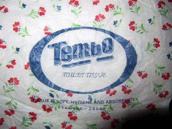 Die Toilettenrollen waren in diesem schönen Papier eingewickelt. Lizzy gefiel besonders das Blümchenmuster und sie fand, dass das Logo von Tembo ziemliche Ähnlichkeit mit dem Tempo Logo hat. Wenn man das 'b' von Tembo zu einem 'p' umdreht, dann passt es erstaunlicherweise sehr gut in die Lücke des Unterstrichs. Aber das sind alles bestimmt nur komische Zufälle! 