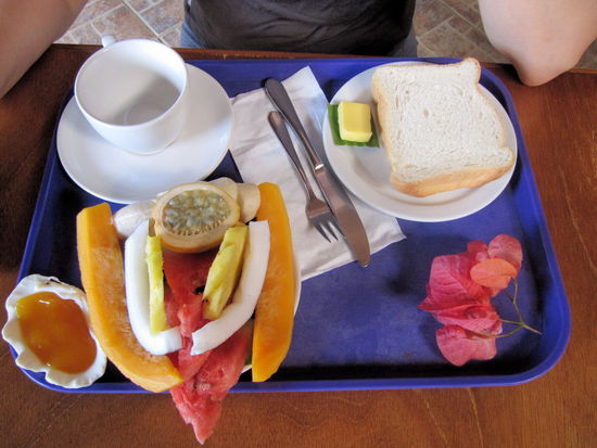 Das normale Frühstück in unserer Unterkunft. Frische exotische Früchte, Toast mit Butter und selbst gemachtes Papayamus. Neben Kaffee gab es auch frischen Basilikum-Lemongras-Tee - alles sehr lecker!