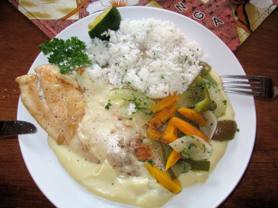 Ich hab die Süßkartoffeln durch Snapper ersetzt. 
Jeden Morgen bei Frühstück konnte man sein Abendessen vorbestellen. Zur Auswahl standen immer Snapper, Thunfisch, Hühnchen oder vegetarisch (meist Süßkartoffeln) mit Reis, Gemüse und einer leckeren Soße. Uns hat das Essen immer sehr gut gefallen! Auch können wir die 'Heilala Holiday Lodge' insgesamt nur wärmstens empfehlen. Mit einer Ausnahme! Den dortigen Mücken.