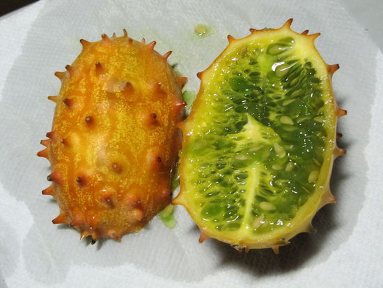 Nach Südostasien und den pazifischen Inseln gabs im Supermarkt in Neuseeland trotzdem noch Früchte, die uns unbekannt waren. Die optisch sehr ansprechende Kiwano, zu deutsch auch Horngurke oder Hornmelone. Leider war die Kiwano geschmacklich sehr enttäuschend - ungefähr so spannend wie das weiche Innere einer holländischen Schlangengurke