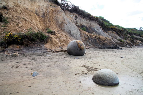 Hier liegen am Strand die Moeraki Boulders rum. Ungewöhnlich große kugelförmige Steine mit einem Durchmesser von 0,5 Meter bis über 2 Meter.