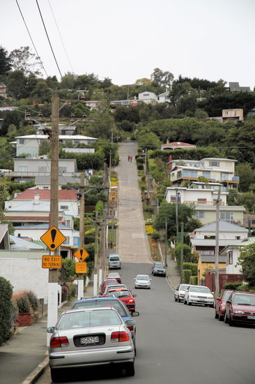 Dunedin bietet mit der Baldwin Street auch die steilste Straße der Welt. An der steilsten Stelle hat die Straße eine Steigung von 1 zu 2,86 Meter, d. h. auf 2,86 Metern Straße überwindet man einen Höhenmeter. Hört sich erst einmal nicht so dramatisch an, aber ...