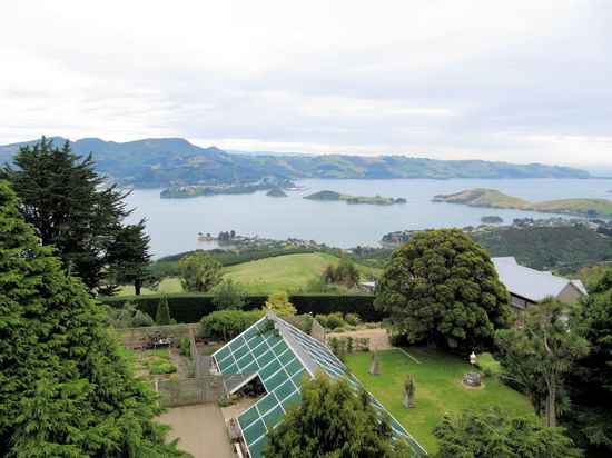 Blick vom Turm des Larnach Castle auf den Otago Harbour. Die Lage und der Ausblick sind wirklich super.