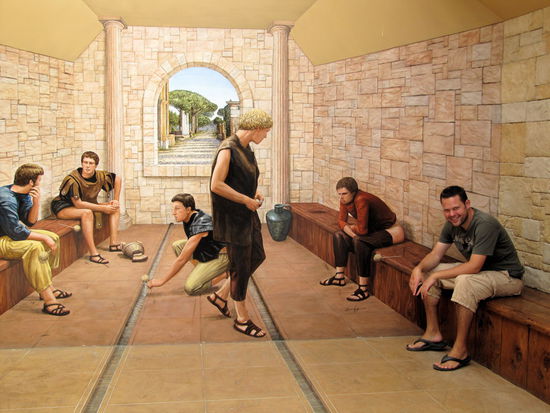 Währenddessen hab ichs mir auf dem Donnerbalken bequem gemacht! Der Vorraum zu den Toiletten war im römischen Stil gehalten. 