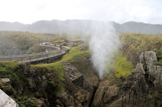 Wir besuchten auch die Pancake Rocks und hatten das richtige Wetter um beeindruckende Fontänen aus den blowholes zu sehen. Diese Wasserfontänen entstehen, wenn eine Welle in eine Meereshöhle drückt, die am Ende eine enge Öffnung nach oben hat.
