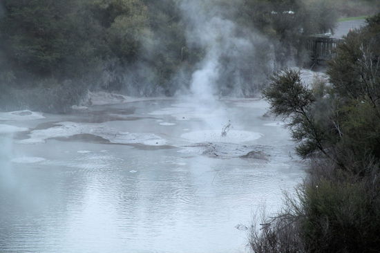 Etwas abseits des eigentlichen Geländes liegen Mud Pools, wo der Schlamm lautstark vor sich hinblubbert.