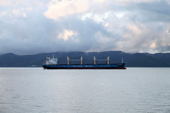 Ein großes Schiff liegt im Mündungsbereich des Columbia River vor Astoria.