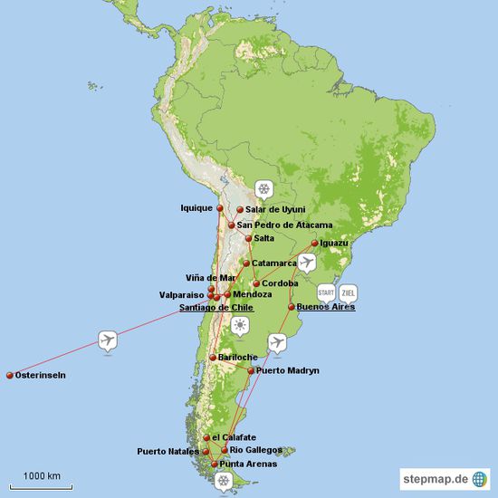 Buenos Aires (Start) - Iguazu - Cordoba - Salta - San Pedro de Atacama - Salar de Uyuni - Iquique - Valparaiso - Santiago de Chile - Mendoza - Catamarca - Bariloche - Puerto Madryn - el Calafate - Punta Arenas - Puerto Natales - Rio Gallegos - Buenos Aires (Ziel)