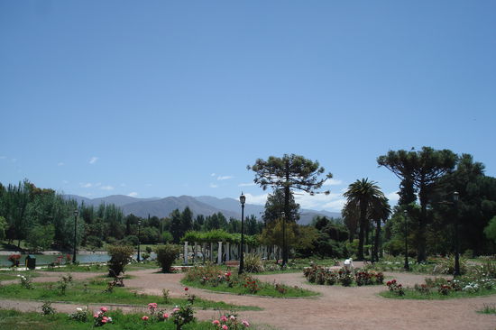 Mendoza: Der Rosengarten im Park "General San Martin" mit Blick auf die Anden.