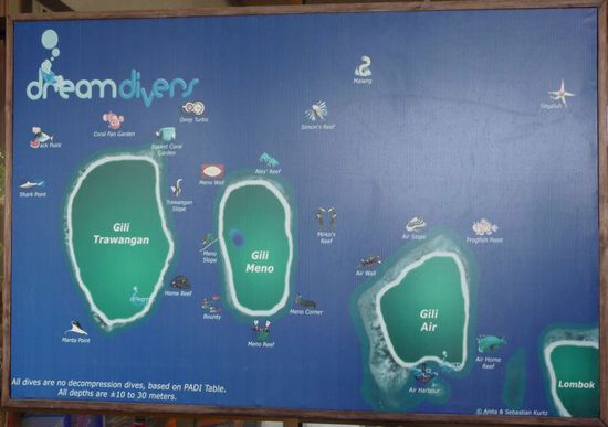 Übersicht der Tauchplätze rund um die Gili Inseln