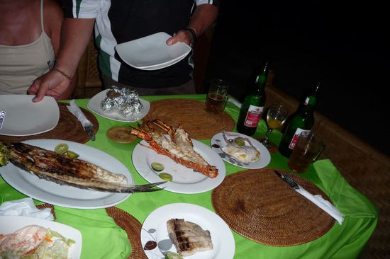 Barakuda (links), Lobster (mitte), Tintenfisch (rechts) und Mahi Mahi (unten)