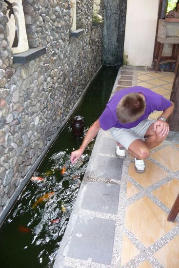 Und da er ein gutes Herz hat, kriegen die Fische auch etwas zu Essen 