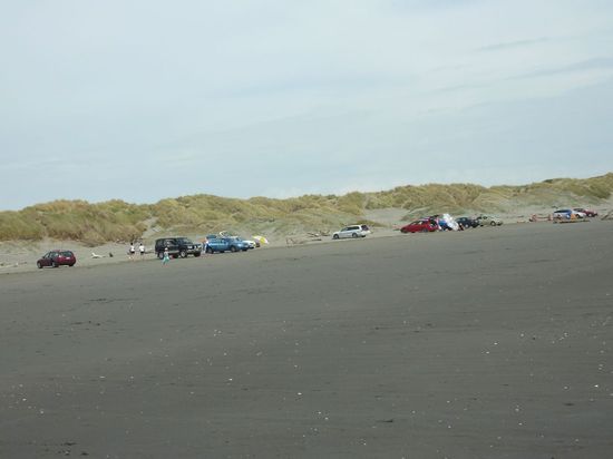 Die Neuseeländer fahren mit ihren Autos auf den Strand, sehr praktisch 