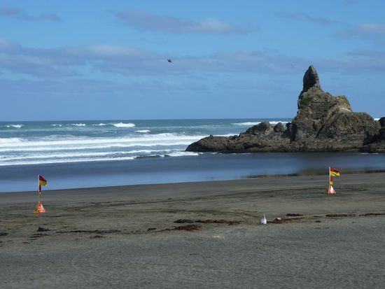 Piha Beach, nur zwischen den Flaggen schwimmen ist relativ sicher. Surf rescue passt auf auf 