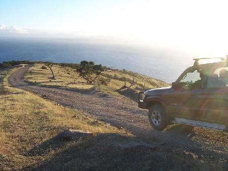 Mit Ben&Nic in ihrem 4-Wheel-Drive (Jeep)im Deep-Creek-Conservation-Park. Mit viel Phantasie kann man im Hintergrund Kaenguru-Island erkennen.
