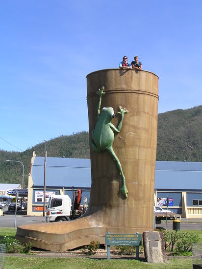 Tully ist die Stadt mit dem meisten Niederschlag in Australien, daher Frosch und Gummistiefel 