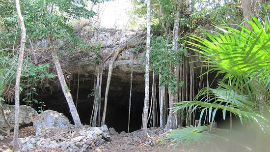 Der halb zugewachsene Eingang zur zweiten der "Dos Ojos"