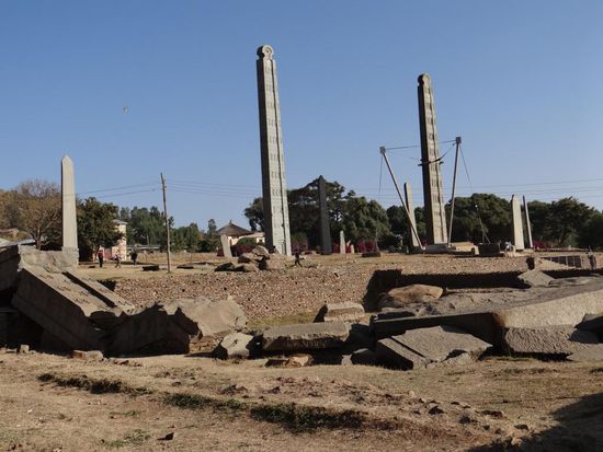 Das sagenumwobene AXUM, die frühere Hauptstadt des gleichnamigen Königreichs gilt in der äthiopischen - orthodoxen Kirche als heilige Stadt. Hier soll die Bundeslade mit den steinernen Gesetzestafeln von Moses aufbewahrt sein.
Unser Fahrer besorgt uns einen sehr guten Führer für den ganzen Tag, somit können wir den Stehlenpark mit Gräbern, Museum und Palastruine alles besichtigen. 
Uns beeindruckt der Stelenpark der einige der grössten bearbeiteten Monolithe der Welt aufweist. Die äthiopischen Stelen werden häufig mit den ägyptischen Obelisken in Verbindung gebracht, haben aber einen völlig anderen kulturellen beziehungsweise kultischen Hintergrund. Während die ägyptischen, nach oben sich verjüngenden Steinpfeiler die Strahlen des Sonnengottes symbolisieren, sind die in Axum zu bewundernden Stelen Teile von Grabbauten. Ursprünglich als einfache Markierung von Gräbern gedacht, wurden die Stelen im Laufe der Zeit immer stärker bearbeitet und verziert, was wohl mit der Vorstellung vom Grab als dem "Hais des Toten" zusammenhängt. Eine der grössten Stelen steht noch aufrecht, sie ist insgesamt 24 m hoch, davon befinden sich 3 m Gestein unter der Erdoberfläche. Die grösste Stele - 33,5 m hoch und 520 Tonnen schwer - stürzte dagegen wahrscheinlich schon während des Aufstellens um. Bei Ausgrabungen an ihrem Fuss wurden Grabeingänge freigelegt, die in ein unterirdisches System von Gräbern und Höhlen führen. In den Museen von Axum finden sich uralte Münzen, Schriftrollen, Steintafeln mit Inschriften und jahrhundertalte Schmuckstücke in grosser Zahl.