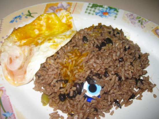 3 Wochen lang aufgebaute Hass-Liebe zu Reis, Bohnen, Ei und Pfannkuchen (wobei an diesem Morgen kulinarischer Frevel betrieben und der Pfannkuchen aufgrund von Teigmangel weggelassen wurde!), die nach einiger Uebung meist in einem "Pfannkuchen Costa-Ricanischer Art" endete, naemlich den ganzen Rotz in einen Pfannkuchen eingerollt und irgendwie in die ausgehungerten Arbeiter-Maeuler bugsiert