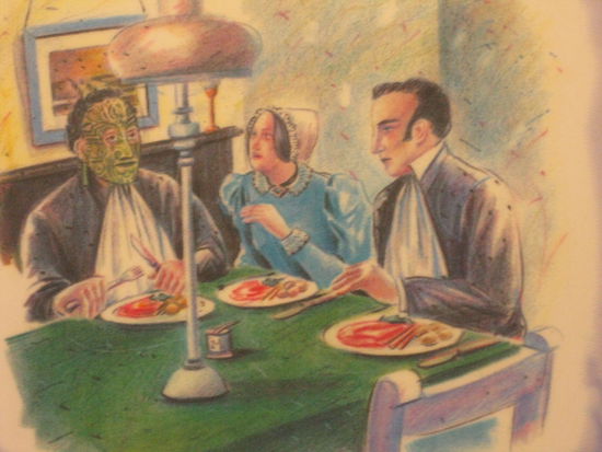 Aber mit dem Essen der Englaender kamen die Maori erstmal nicht ganz klar, so dass dem Meister hier erstmal schlecht von zu viel Senf geworden ist (den er nicht kannte und kiloweise auf sein Fleisch gehauen hat), auch wenn er glaube ich vorher schon gruen war 