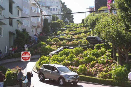 Die Lombard Street mit seinen acht eingebauten Kurven
(auf 145 metern) da die Steigung für viele Fussgänger und Autos problematisch war.