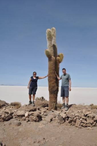 Mutig: Kaktus streicheln - im Hintergrund die Salar de Uyuni
