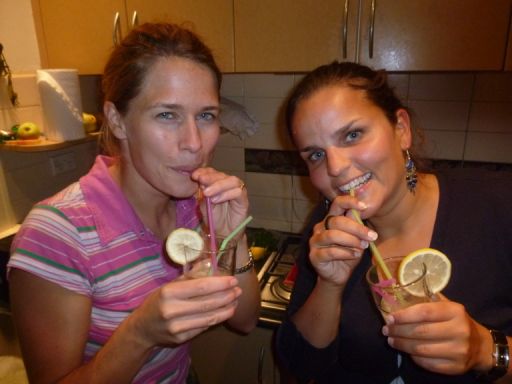 Sidonia und Andrea mixen und probieren vor allem Pisco Sour - unser Gastgeschenk aus Chile