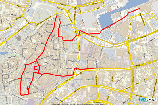 unser Weg durch Tallinns Altstadt, wir begannen unten an dem roten Strich, wo die Haltestelle vor dem Einkaufszentrum "Viru" lag