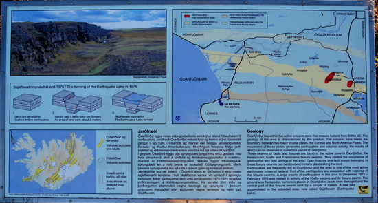 Die Entstehung des Sees Skjálftavatn beim Erdbeben 1976, 
rechts die Spaltenzonen verschiedener aktiver Vulkane, 
links unten die entsprechenden Zonen von ganz Ísland
Informationstafel am Parkplatz mit Blick