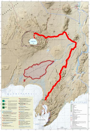 unser Weg von der Askja zum Kverkfjöll, braun eingerahmt das neue Lavafeld (nýja-Holuhraun)