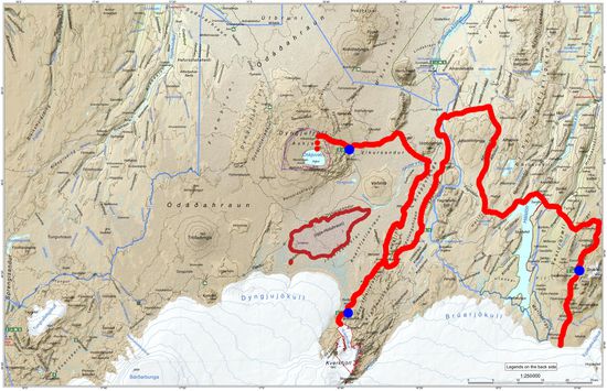 unsere Route zwischen Askja und Snæfell