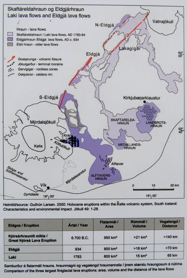 Informationstafel über die Ausbrüche Eldgjá 934: dunkelviolett und Laki 1783: hellviolett