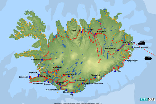auf der Übersichtskarte sieht man kaum die strecke zwischen Reykjavík und Hafnarfjörður