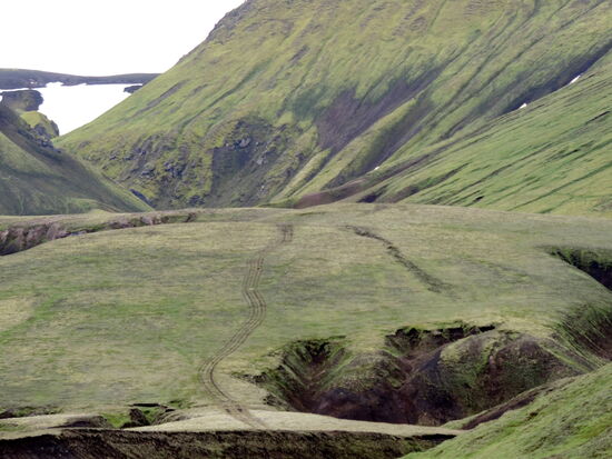 jahrzehntealte Fahrspuren am Hang
