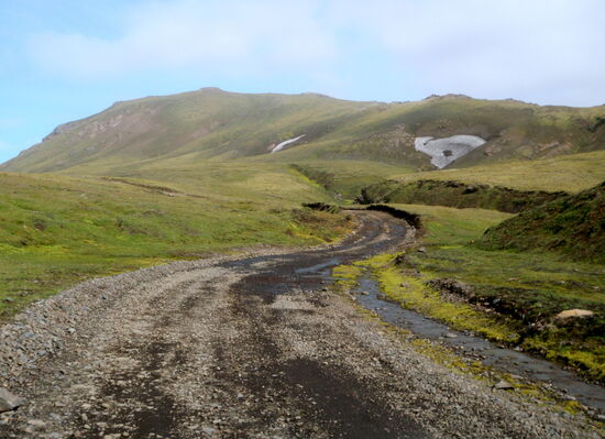 Schotterweg durch grün bewachsene Landschaft