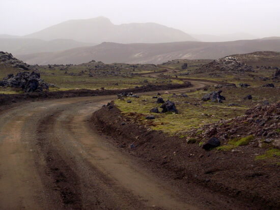 die Piste schlängelte sich durch die sandsturmverschleierte Landschaft