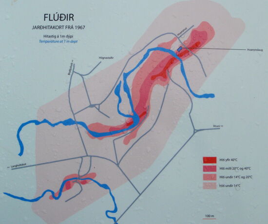 die Temperatur in 1m tiefe im Bereich Flúðir: dunkelrot: über 40 ºC. weniger dunkelrot  20-40 ºC, hellrot 14-20 ºC, rosa unter 14 ºC