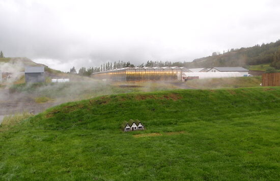 in der Nachbarschaft lagen Gewächshäuser, vorn ein Modell der typischen Torfhäuser