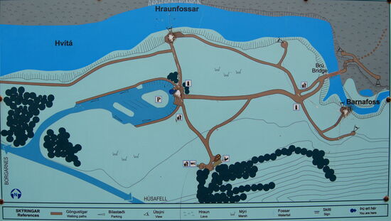 Informationstafel von Hraunfossar und Barnafoss