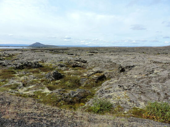 Blick über das Lavafeld zum Mývatn bei der Ausfahrt