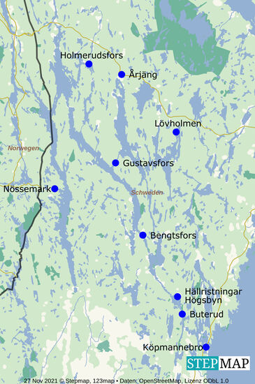 Übersicht des Dalsland-Kanal-Gebietes mit unseren Übernachtungspunkten