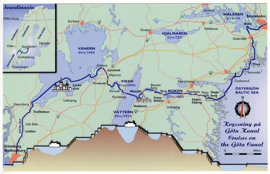 Verlauf Trollhättan-Kanal, Vänern, Göta-Kanal, Ostsee, Södertälje-Kanal, Mälaren
(Postkarte vom Schiff)