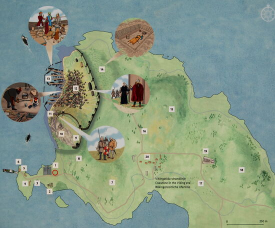 Tafel über das alte Birka, am roten Kreis (1) das Museum