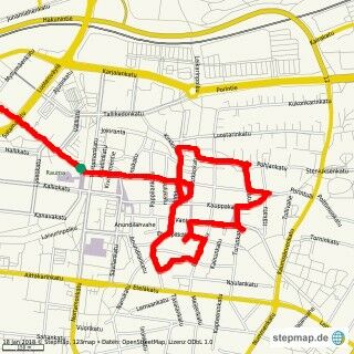 unser Rundgang durch die Altstadt von Raumo, der Punkt unser Parkplatz