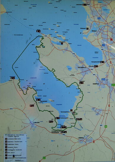 das Naturschutzgebiet Limingoviken -Liminganlahti, Tafel am Parkplatz