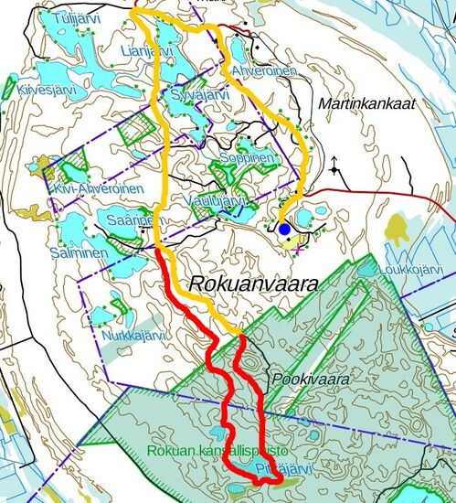 gelb unser Fahrweg, rot unser Wanderweg
